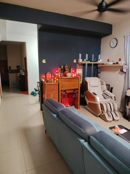Living features: light grey walls, dark blue accent wall, cream tiled flooring, 3-seater fabric sofa in light blue, wooden altar with decorative items, recliner chair, wall-mounted shelf, clock on wall, sheer curtains, ceiling fan; style: modern. Room features: cream tiled flooring, light grey walls.