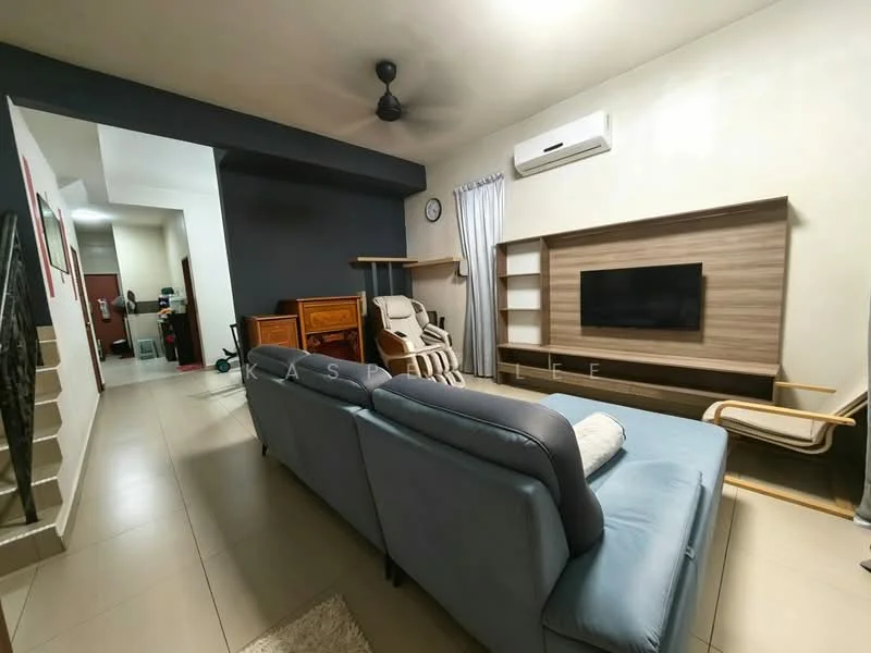 Living features: 3-seater fabric sofa in light blue, wooden TV console, wall-mounted TV, ceiling fan, recessed downlights, light grey walls, dark accent wall, wooden armchair, decorative clock, curtains, tile flooring, open shelving; style: modern. Room features: staircase, wooden cabinet, laundry area visible in background.