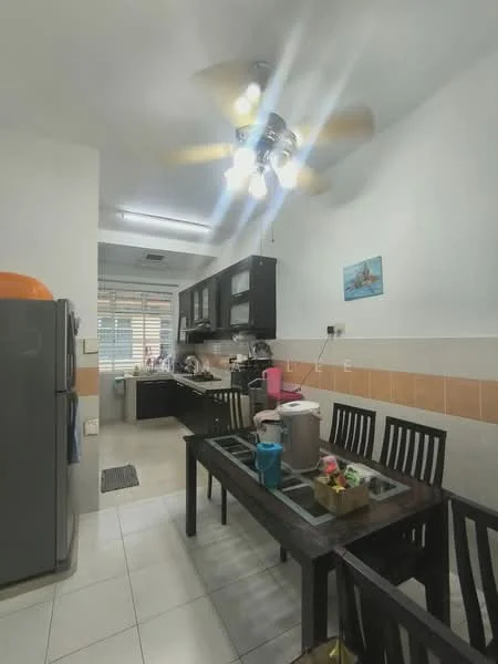 Kitchen features: white painted walls, tile flooring, 5-blade ceiling fan with light, black cabinetry, glass-front upper cabinets, stainless-steel fridge, dining table with 6 black chairs, kitchen countertop, sink, kitchen appliances on countertop, window with blinds; style: modern.