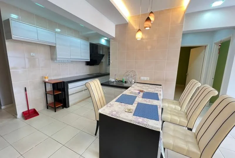 Kitchen features: white cabinetry, black countertop, stainless-steel sink, chrome pull-down faucet, pendant lighting, tile backsplash, ceramic tile flooring, bar seating with four beige upholstered stools, built-in oven, kitchen island, open shelving, wall-mounted cabinets; style: modern.