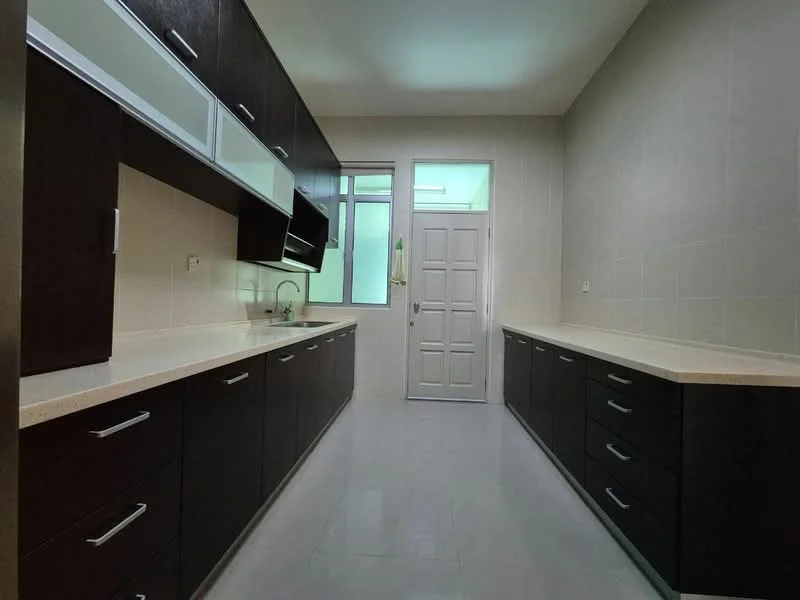 Kitchen features: dark wood cabinetry, light-colored countertop, single-bowl stainless-steel sink, chrome pull-down faucet, built-in oven, ceramic tile flooring, white tiled walls, window with natural light, door leading to outside, under-cabinet lighting; style: modern.