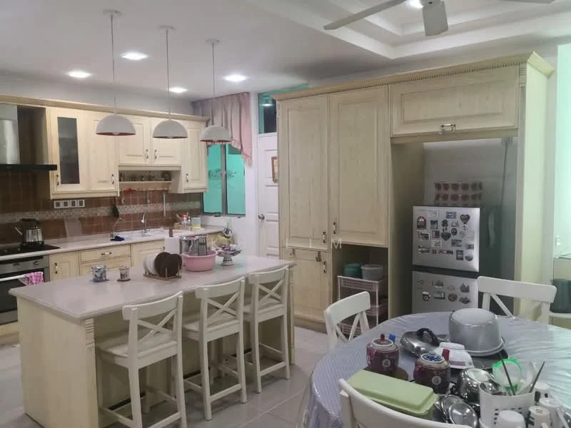Kitchen features: light wood cabinetry, white countertop, stainless-steel sink, chrome pull-down faucet, built-in oven, freestanding fridge, 4-burner gas hob, pendant lighting, tile backsplash, open shelving, island with seating, dining table with chairs, ceramic tile flooring, recessed downlights; style: modern.