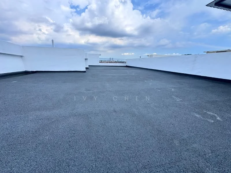 Exterior type: roof terrace; features: flat roof, white painted walls, grey textured flooring, open space, city skyline view in background; style: modern.