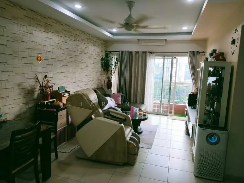 Living features: cream painted walls, exposed stone accent wall, white ceiling with recessed lighting, 5-blade ceiling fan, large sliding glass door, curtains, tile flooring, coffee table, recliner chair, TV console, decorative plants, wall-mounted decor, area rug; style: modern; view: city.
