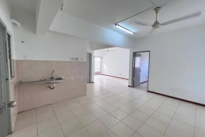 Room features: white painted walls, tile flooring, ceiling fan, single-bowl stainless-steel sink, kitchen counter with backsplash, doorway leading to another room, window for natural light, light fixture on ceiling.