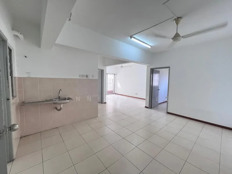 Room features: white painted walls, tile flooring, ceiling fan, single-bowl stainless-steel sink, wall-mounted faucet, kitchen cabinetry, open layout, large windows, doorway leading to another room; style: minimalist.