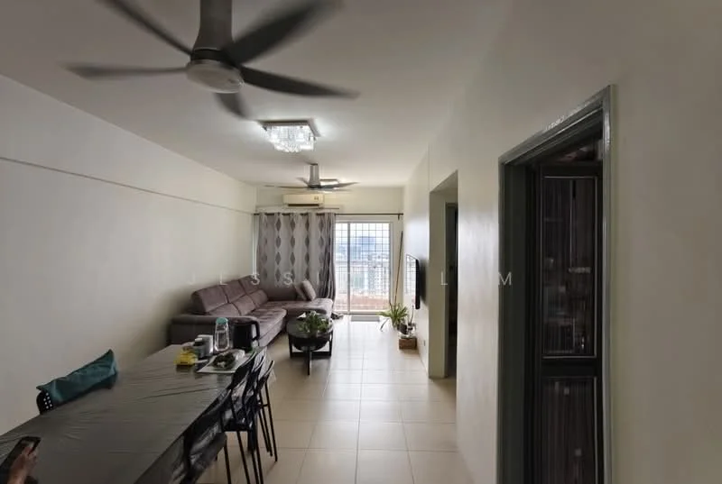 Living features: 3-seater fabric sofa in grey, ceiling fan with light, wall-mounted TV, coffee table, area rug, floor-to-ceiling windows, sliding glass door, curtains, tile flooring, decorative plants; style: modern; view: city. Dining features: 6-seater dining table, black dining chairs, tablecloth, decorative items on table; style: modern.