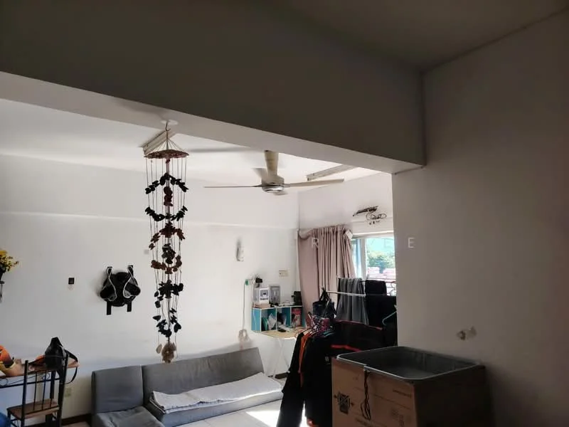 Living features: white painted walls, ceiling fan, sofa, decorative hanging mobile, curtains, window, clothes drying rack, storage box.