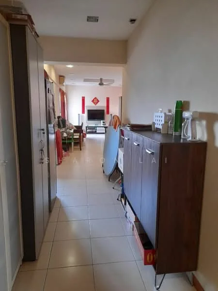 Room features: white painted walls, tile flooring, ceiling fan, built-in cabinets, wooden storage unit, open space layout, living area visible in background, TV console, decorative wall art, dining area visible, light fixtures, windows with natural light; style: modern.