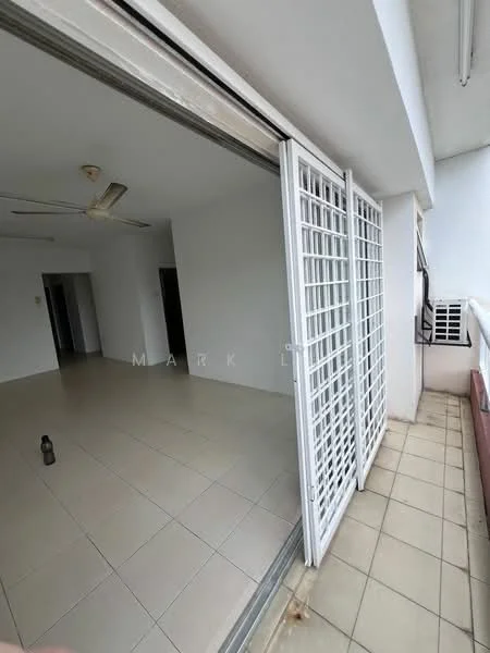 Room features: white painted walls, tile flooring, sliding glass door, floor-to-ceiling windows, ceiling fan, balcony with tiled flooring, open layout, natural light; style: modern; view: city.