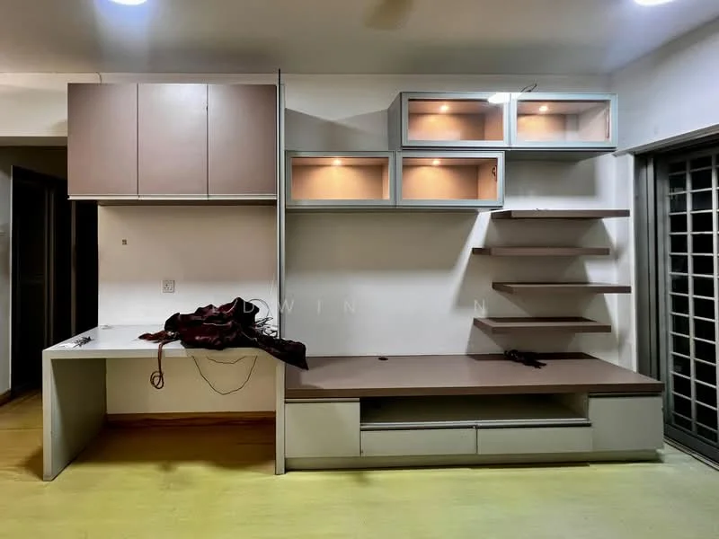 Room features: built-in cabinetry with upper shelves, lighted display cabinets, open shelving, flat-panel cabinetry, desktop workspace, wooden flooring, neutral wall color, sliding glass door, cable management, minimalist design; style: modern.