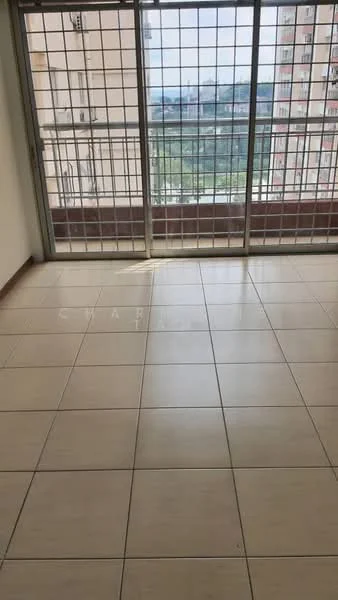 Room features: large ceramic tile flooring, floor-to-ceiling sliding glass door, metal security grille, neutral wall colour, city view through glass door, open space layout; style: modern; view: city.