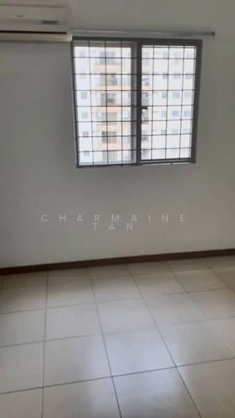 Room features: white painted walls, tile flooring, 1 wall-mounted split AC, grill window, natural light from window.