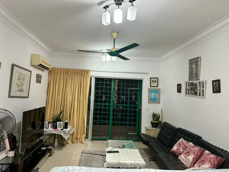 Living features: white painted walls, cream tiled flooring, 5-blade ceiling fan in green, recessed downlights, black leather sofa, decorative cushions, glass coffee table, wall-mounted TV, TV console, green sliding glass door, curtains in yellow, houseplants in ceramic pots, framed artwork on walls; style: contemporary.