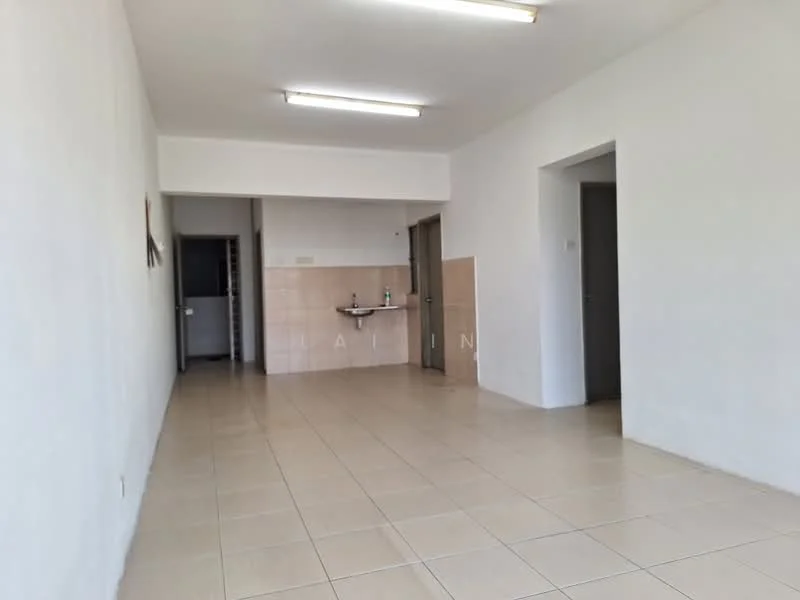 Room features: white painted walls, tile flooring, fluorescent ceiling lights, kitchenette area with sink, light-colored backsplash, open layout, doorway leading to another room, doorway leading to kitchen area; style: minimalist.