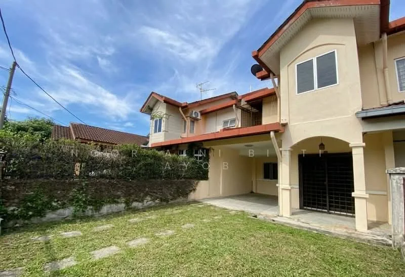 Exterior type: semi-detached house; features: cream painted facade, red tiled roof, two-storey structure, manicured lawn, stone-paved walkway, fenced yard, outdoor space, air conditioning unit visible, covered car porch; style: modern.