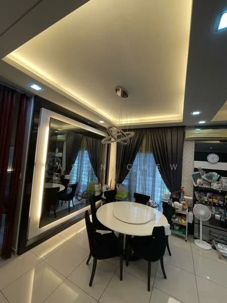Dining features: round dining table, 4 upholstered dining chairs, large wall mirror, recessed ceiling lights, crown moulding, dark wood cabinetry, floor-to-ceiling windows with sheer curtains, ceramic tile flooring, decorative wall lighting; style: modern.