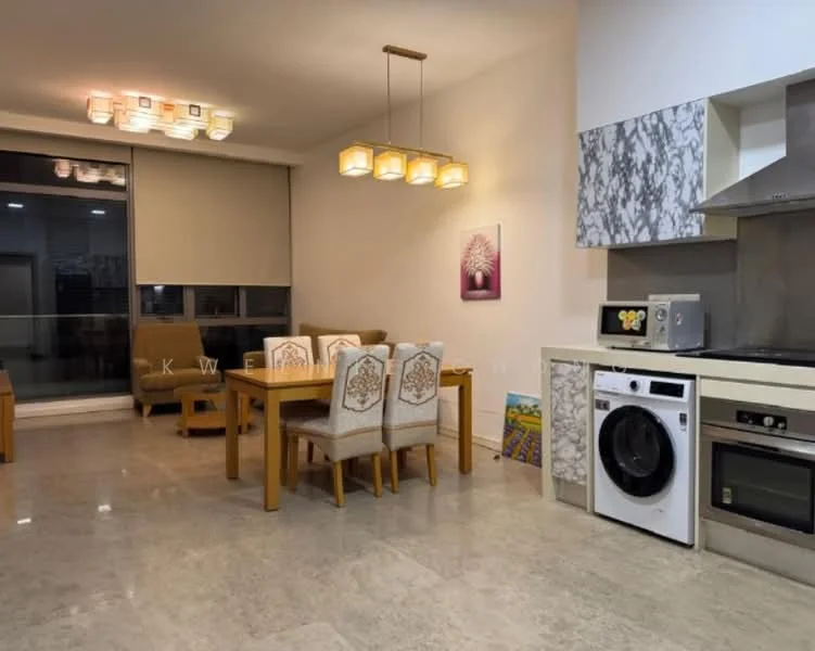 Dining features: marble tile flooring, white painted walls, 5-blade ceiling fan with light, dining table with 6 upholstered chairs, sofa in beige fabric, built-in kitchen cabinetry with marble countertop, stainless-steel range hood, built-in oven, front-load washing machine, microwave, decorative wall art; style: modern.
