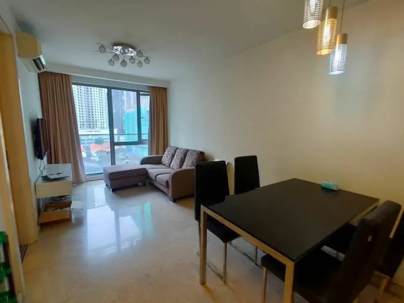 Living features: cream painted walls, marble tile flooring, 5-blade ceiling fan with light, sofa in beige fabric, coffee table, wall-mounted TV, TV console, dining table with 4 black upholstered chairs, floor-to-ceiling windows, curtains, decorative lighting fixtures; style: modern; view: city.