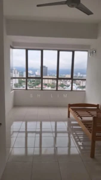 Bedroom features: floor-to-ceiling windows, city view, white painted walls, glossy tile flooring, ceiling fan, wooden bed frame, natural light, open layout; style: modern; view: city.
