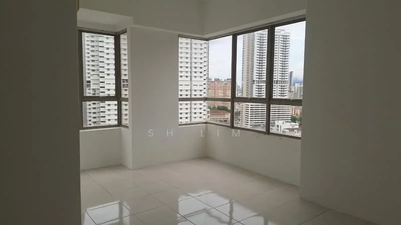 Room features: white painted walls, glossy tile flooring, floor-to-ceiling windows, city skyline view; style: modern; view: city.