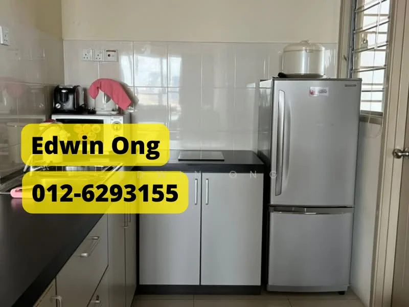 Kitchen features: black countertop, white cabinetry, stainless-steel fridge, built-in stove, microwave, kettle, sink, tile backsplash, window with metal grille; style: modern.