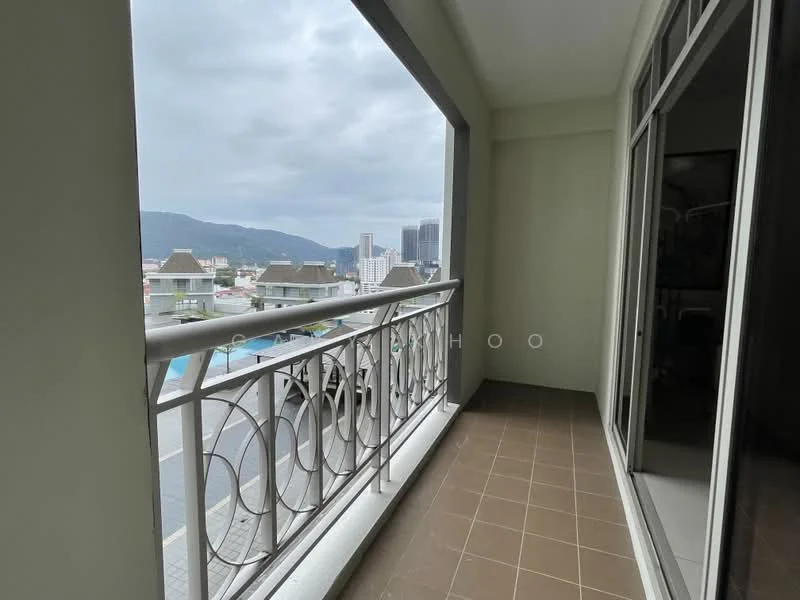 Room features: balcony, tile flooring, metal railing, city view, mountain view, partially covered, grey cloudy sky; view: city.