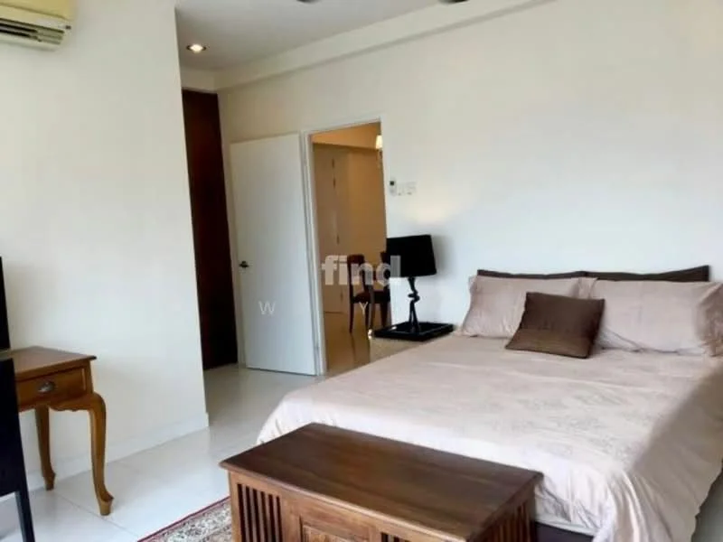 Bedroom features: queen-size bed with beige bedding, upholstered headboard, bedside lamp on black side table, wooden coffee table, decorative area rug, white painted walls, white tiled flooring, 1 wall-mounted split AC, built-in wardrobe with sliding door, recessed ceiling lights; style: modern.