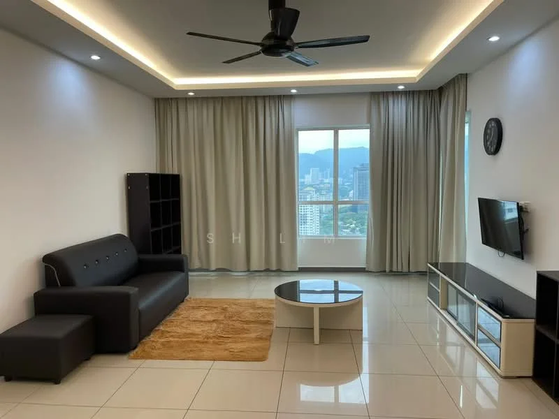 Living features: 3-seater black leather sofa, round coffee table with white top, area rug in beige, wall-mounted TV, black TV console, floor-to-ceiling window, sheer curtains, recessed LED downlights, ceiling fan with light, white painted walls, glossy tile flooring; style: modern; view: city.