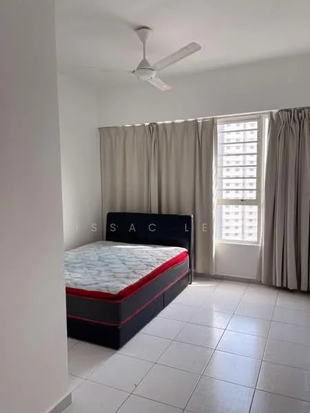 Bedroom features: queen-size bed with red and black frame, white painted walls, white ceiling, 5-blade ceiling fan, floor-to-ceiling window, curtains in light beige, tile flooring, built-in wardrobe; style: modern.