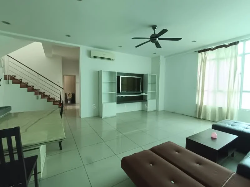 Living features: white painted walls, glossy tile flooring, 5-blade ceiling fan with light, floor-to-ceiling windows, sheer curtains, wall-mounted TV, TV console, sofa in brown leather, coffee table, dining table with marble top, black dining chairs, air conditioning unit; style: modern.
