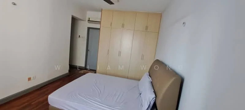 Bedroom features: wooden flooring, light grey painted walls, built-in wardrobe with multiple doors, queen-size bed with upholstered headboard, ceiling fan, window with natural light, no visible decor, minimalist style; style: minimalist.