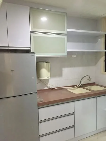 Kitchen features: white cabinetry with glass-front upper cabinets, brown laminate countertop, double-bowl sink, chrome pull-down faucet, stainless-steel fridge, wall-mounted water heater, open shelving, tile backsplash, under-cabinet lighting; style: modern.