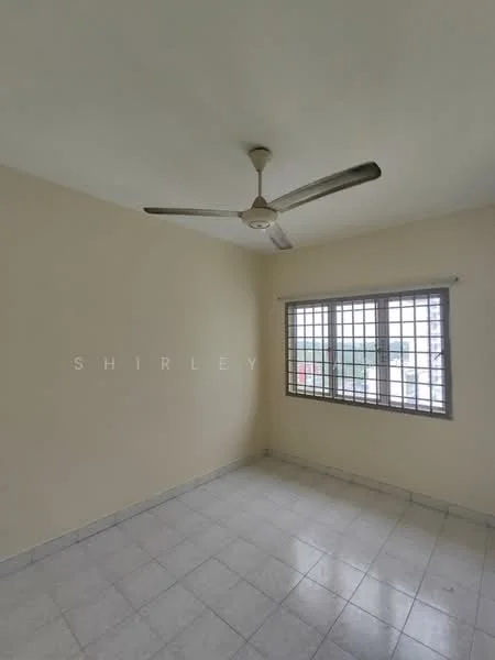 Room features: cream painted walls, white ceiling, ceiling fan, square tile flooring, grill window with multiple panes, natural light from window.