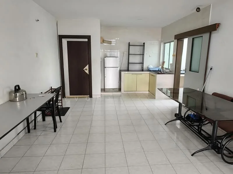 Living features: white painted walls, tile flooring, dining table with chairs, kitchen area with countertop, stainless-steel fridge, open shelving, window with natural light, door leading to another room.