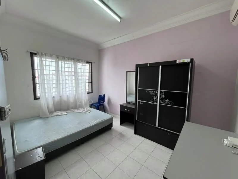 Bedroom features: single bed frame without mattress, built-in wardrobe with sliding doors, study desk, white tiled flooring, light purple painted walls, window with white curtains, air conditioning unit, ceiling light fixture.