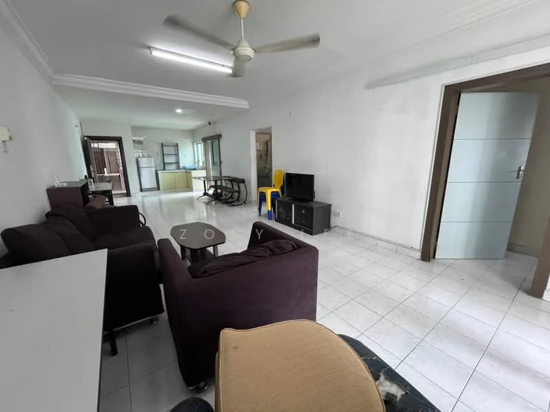 Living features: 3-seater fabric sofa in dark purple, 2-seater fabric sofa in dark purple, coffee table, TV console, wall-mounted TV, ceiling fan, white painted walls, white tiled flooring, recessed lighting, open layout to kitchen, large windows, doorway to adjacent room; style: modern. Kitchen features: open kitchen layout, kitchen island, stainless-steel sink, cabinets, countertop, refrigerator, oven, tile backsplash; style: modern.