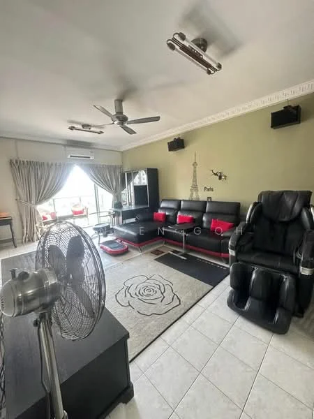 Living features: 3-seater black leather sofa, 2 reclining black leather chairs, coffee table, area rug with floral pattern, wall-mounted TV, TV console, 5-blade ceiling fan, recessed LED downlights, curtains, decorative wall art, floor-to-ceiling windows, air conditioning unit; style: modern; view: city.