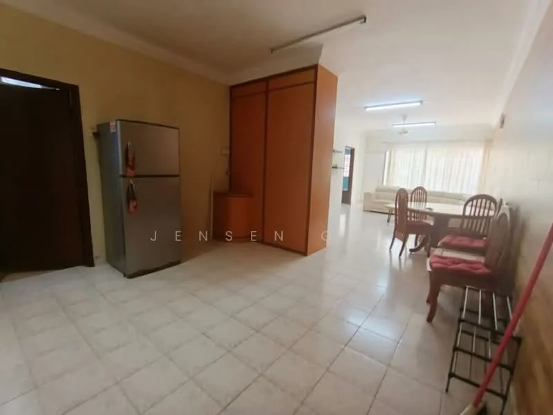 Kitchen features: ceramic tile flooring, white painted walls, stainless-steel fridge, built-in cabinetry, countertop, ceiling lights. Dining features: 6-seater dining table, wooden dining chairs, window with sheer curtains, ceiling fan, light fixture.