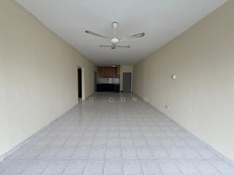 Living features: light grey tiled flooring, cream painted walls, ceiling fan, recessed ceiling, open layout, large windows, no visible furniture, neutral color scheme; style: modern.