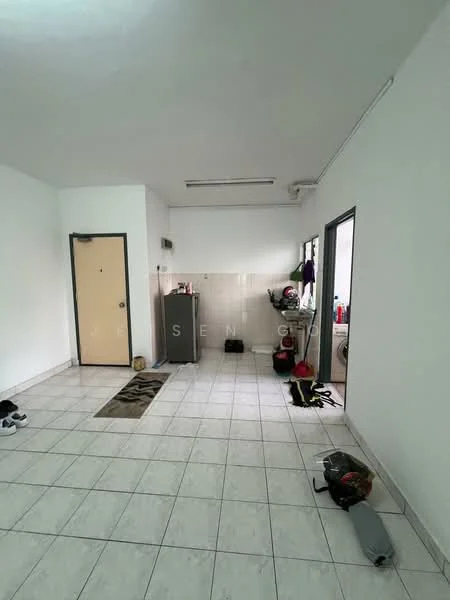 Room features: white painted walls, tile flooring, ceiling lights, grey cabinet, door leading to another room, window with natural light, area rug, various bags and equipment on the floor.