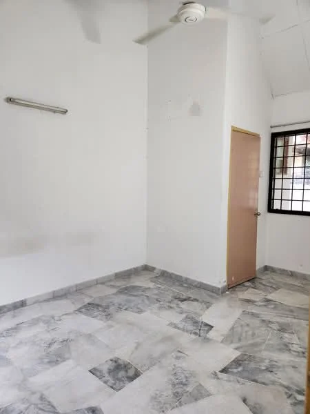 Room features: white painted walls, marble tile flooring, ceiling fan, single door, window with grid, light fixture, corner wall, neutral color scheme.