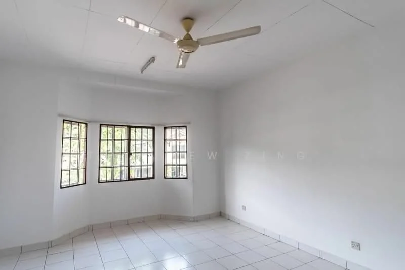 Room features: white painted walls, ceiling fan, tile flooring, multiple windows, corner window configuration, natural light, plain ceiling, no visible furniture; style: minimalist.