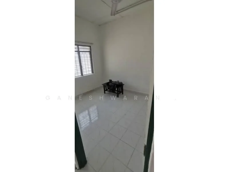 Room features: white painted walls, glossy ceramic tile flooring, single window with horizontal blinds, ceiling lights, empty space, small table, two chairs; style: minimalist.