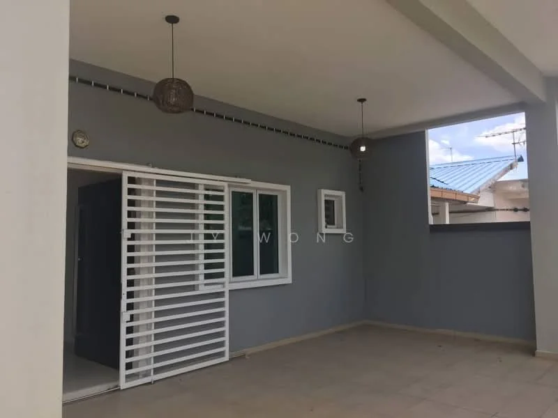 Exterior features: grey painted walls, sliding glass door, window with white frame, hanging pendant lights, flat roof, paved flooring, open outdoor space; style: modern.