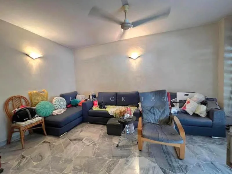 Living features: L-shape sectional sofa in navy blue, 3-seater fabric sofa, coffee table, area rug, ceiling fan, wall sconces, decorative cushions, marble tile flooring, light grey painted walls; style: modern.