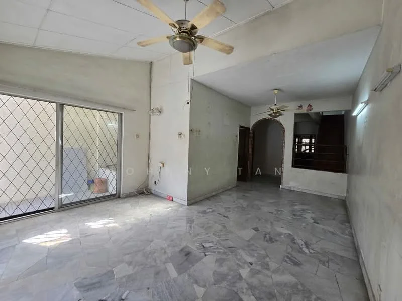 Living features: marble flooring, white painted walls, 5-blade ceiling fan, sliding glass door, floor-to-ceiling windows, arched doorway, natural light from windows, no visible furniture.