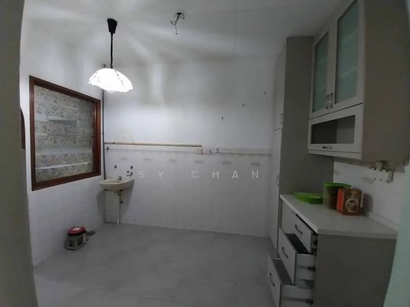 Kitchen features: white tiled walls, grey tiled flooring, single-bowl sink, chrome faucet, white cabinetry, countertop with storage drawers, wall-mounted cabinet with glass doors, ceiling light fixture, window with patterned treatment; style: modern.