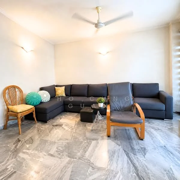 Living features: 3-seater fabric sofa in dark grey, 2-seater fabric sofa in dark grey, coffee table, accent chair in wood, decorative cushion in teal, decorative cushion in yellow, ceiling fan, wall-mounted lighting, marble flooring, light-colored painted walls; style: modern.