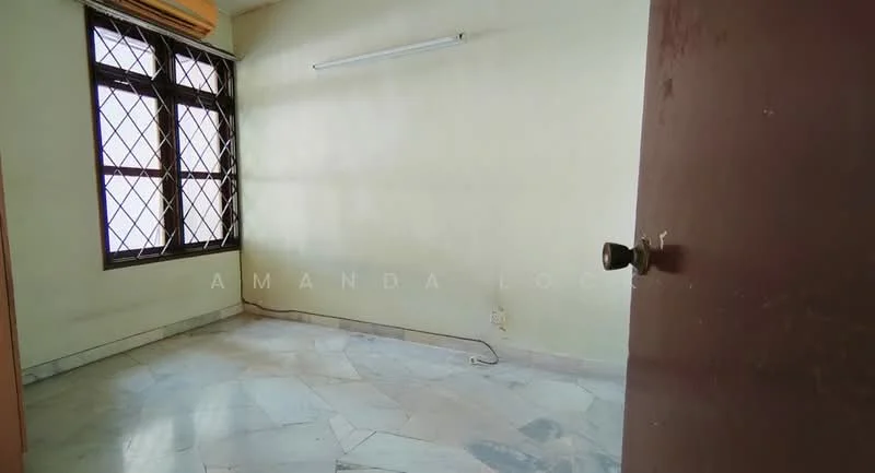 Room features: marble flooring, cream painted walls, large window with grid pattern, ceiling light fixture, corner electrical outlet, baseboard trim.